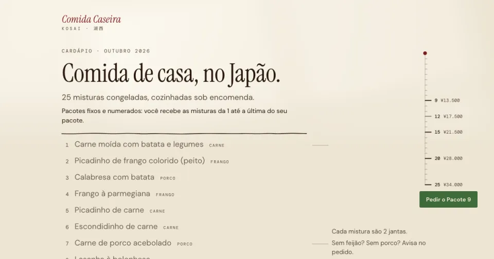 Topo do site da Comida Caseira: cardápio de outubro e a régua dos pacotes